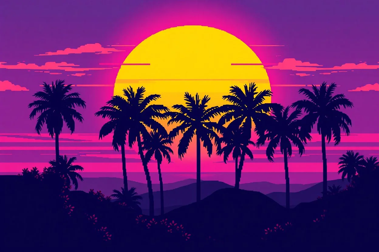 8 bit pixelart of sun, palmtrees synthwave, synthwave collored, vaporvave