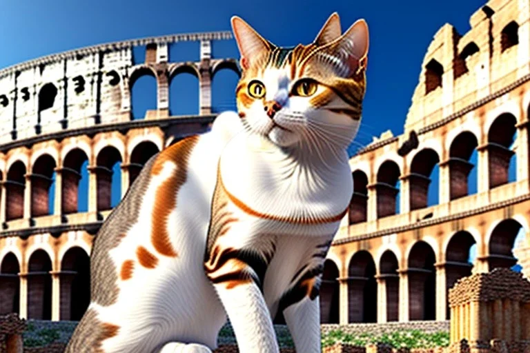 Mature shorthair cat is Julius Caesar, colloseum, Rome, perfect iris, sunny day, model style, hyper realistic, extremely accurate, delicate, extremely detailed, wide-angle, open aperture, superfine pencil