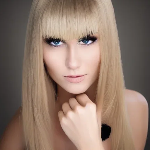 portrait of a beautiful Russian blonde woman with black eyes and a long fringe and square face