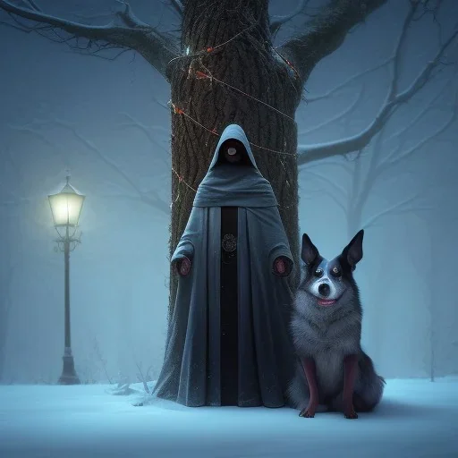 dark, robed figure behind sad, abandoned, miserable dog tied to a tree outside, family home in background, winter, loneliness, 8k resolution, high-quality, fine-detail, iridescent, intricate, digital art, detailed matte, volumetric lighting, illustration, 3D octane render, brian froud, howard lyon, selina french, anna dittmann, annie stokes, lisa parker, greg rutowski