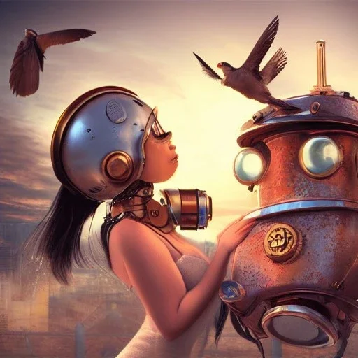 great illustrator, spanish, realistic rendering of a cute spanish girl kissing a small robotic bird, beautiful, steampunk style. Helmet with tubes. Machinery in the background. robotic bird flying. High details. 4k. unreal engine, sunset