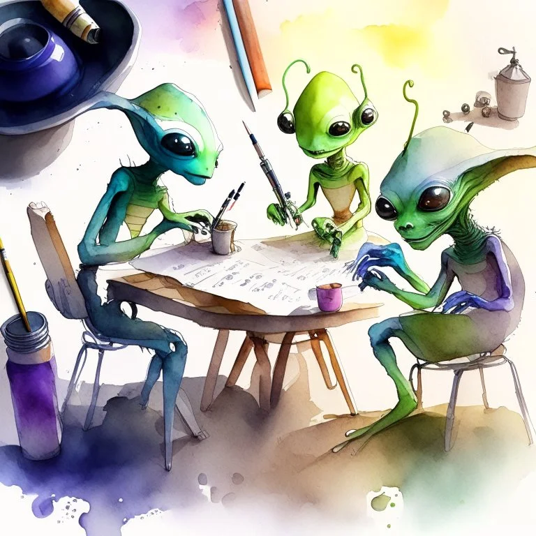 create a watercolour painting of some aliens bazar and aliens doing daily task work,