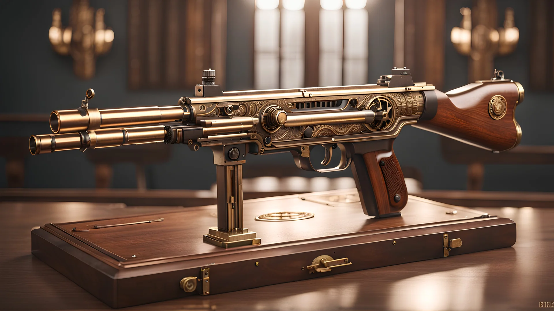 High-end state-of-the-art STEAMPUNK aesthetics flawless Soviet PPD-40 submachine gun,front view supreme cinematic-quality photography,waltnut wood handle,Art Nouveau,Vintage style Octane Render 3D technology,hyperrealism photography,(UHD) high-quality cinematic render,Insanely detailed close-ups capturing beautiful complexity,Hyperdetailed,Intricate,8K,