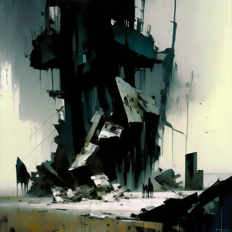 A dark abstract minimalist painting of Lebbeus Woods brutalist concrete bodies.. In a desolate landscape at. In the style of by Ashley Wood and Justin Mortimer. Large oil brushstrokes