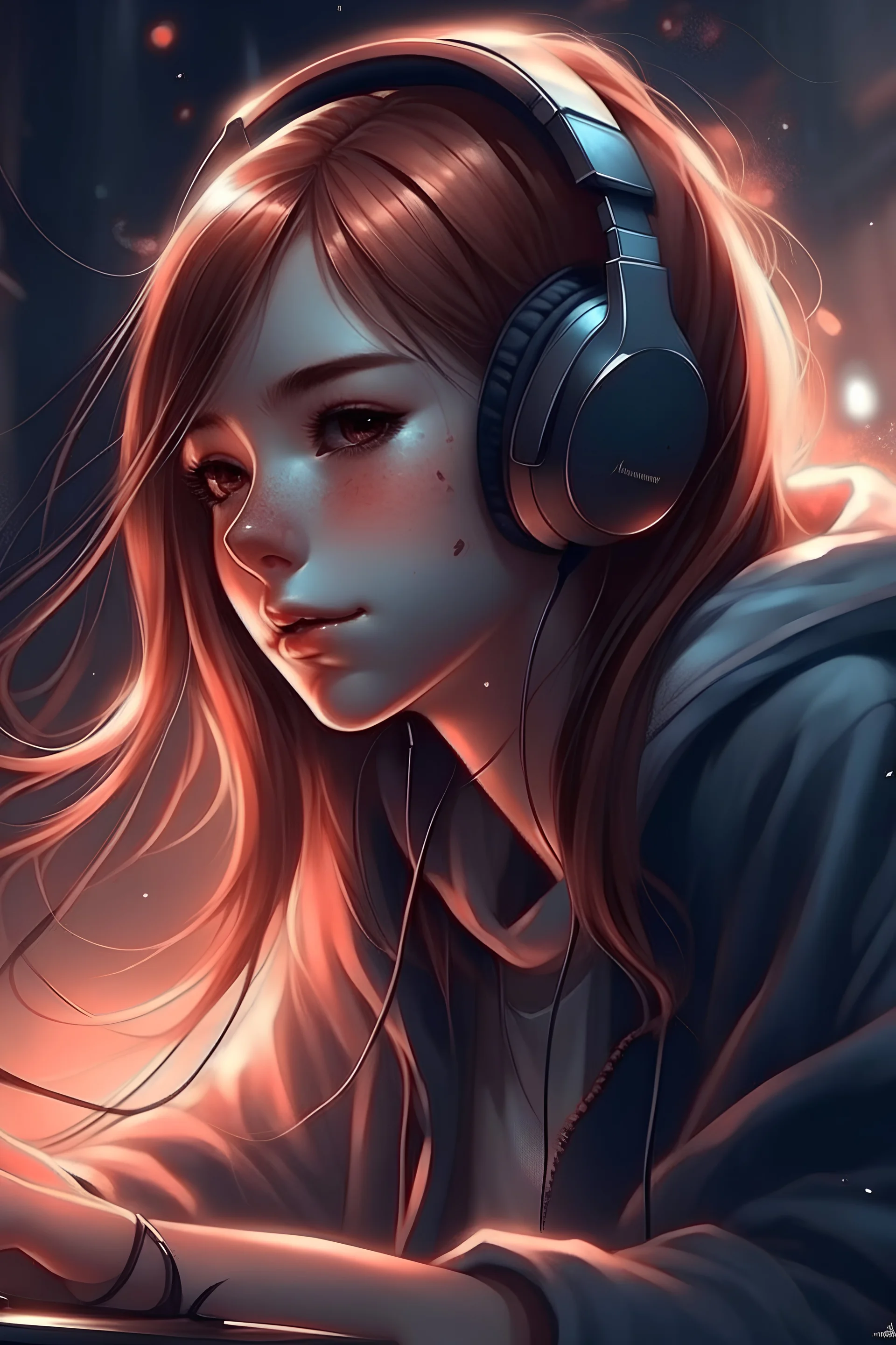 anime che ascolta musica ragazza con cuffie
