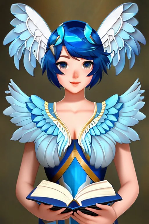 a human with blue short hair and blue wings in an assymetrical armor with geometric patterns and a book in hand