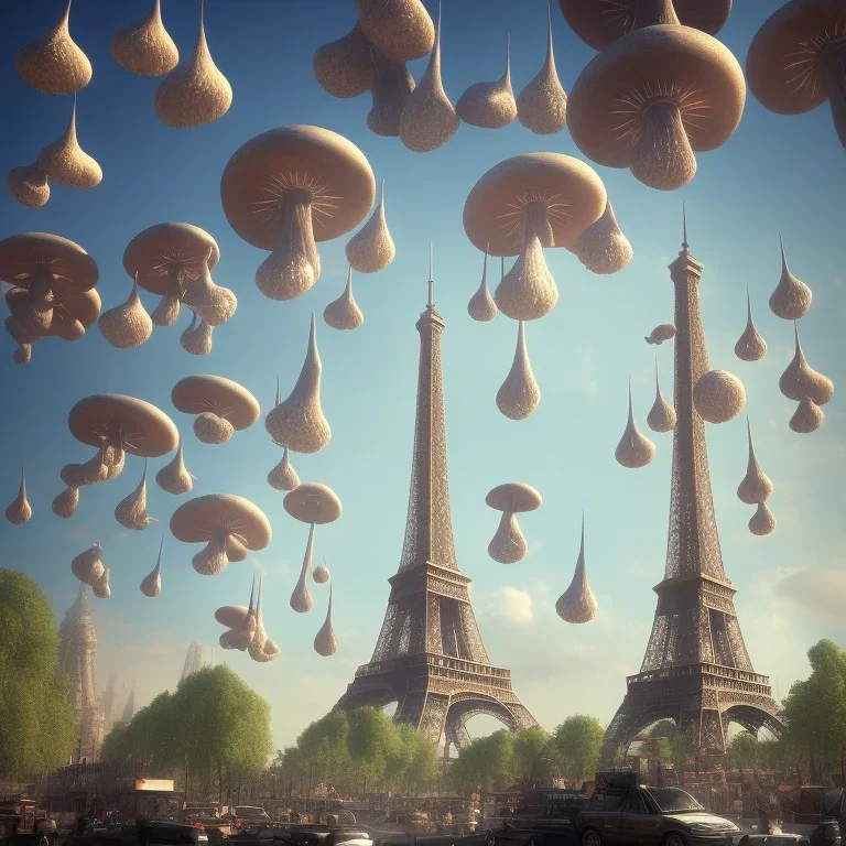 steam punk traffic jam in Paris 3D blender full lenght with white eiffel tower in the background and flying mushrooms in the sky by Dali