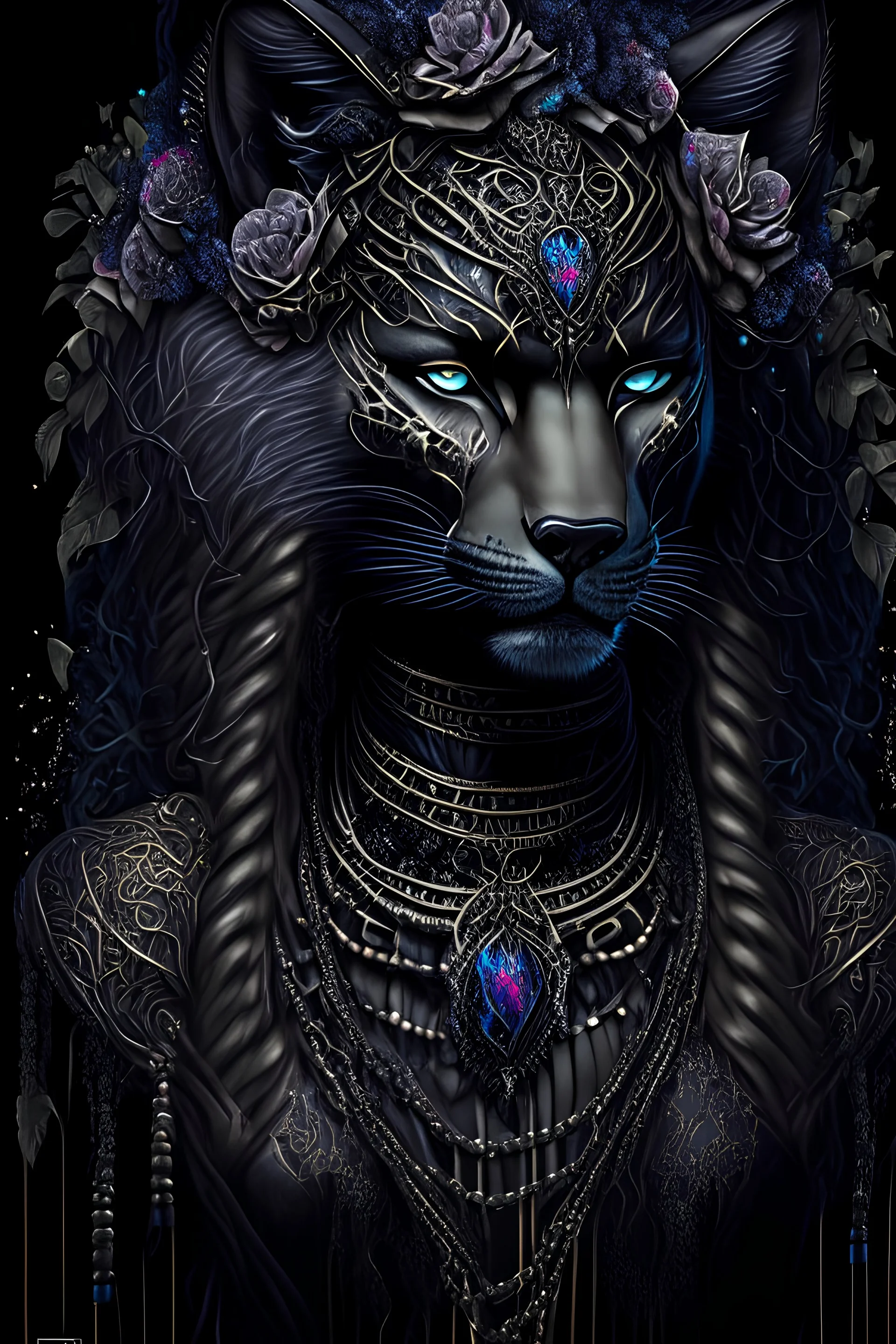 Beautiful lady decadent techno shamanism Mountain lion portrait, wearing decadent goth feathered shamanism headress with goth florals, adorned with goth lace chain effect ed decadent costume organic bio spinal ribbed detail of shamanism background extremely detailed hyperrealistic maximálist concept art