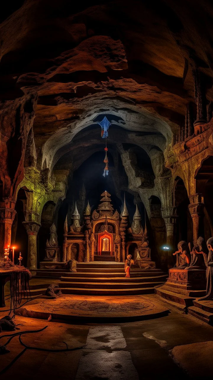 Bosch painting style , An amazing temple with a great religious status all around in un underground cave with dim lights