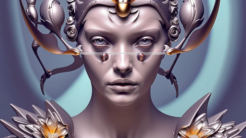 Waterfall, figure of a Woman, art from the "art of control" collection by Jasper Harvey, in the style of futuristic optics, silver and gold, flower, bird, detailed facial features, swirling vortices, 8k 3d, bizarre cyborgs, made of crystals, high detail, high resolution, 8K