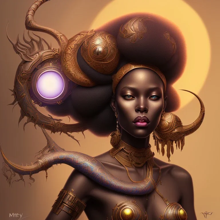 sango fantasy, fantasy magic, intricate, sharp focus, illustration, highly detailed, digital painting, concept art, matte, masterpiece head sexy lady body black African beauty space lady black leopard skin one head African afro sun, high key lighting, volumetric light high details psychedelic background