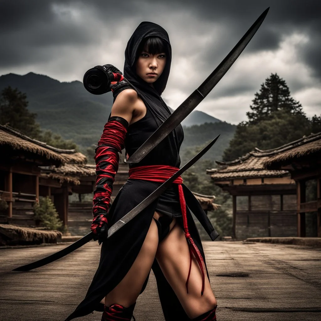 Behold the powerful alluring and pretty ninja woman, her body adorned with the traditional ninja costume and a dart, HDR, beautifully shot, hyperrealistic, sharp focus, 64 megapixels, perfect composition, high contrast, cinematic, atmospheric, moody