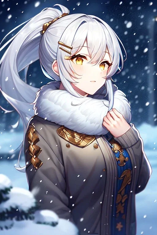 girl, masterpiece, best quality, cinematic lighting, detailed outfit, perfect eyes, silver hair, long hair, vibrant golden eyes, ponytail, messy hair, snowing, winter outfit, hairclip, depth of field,