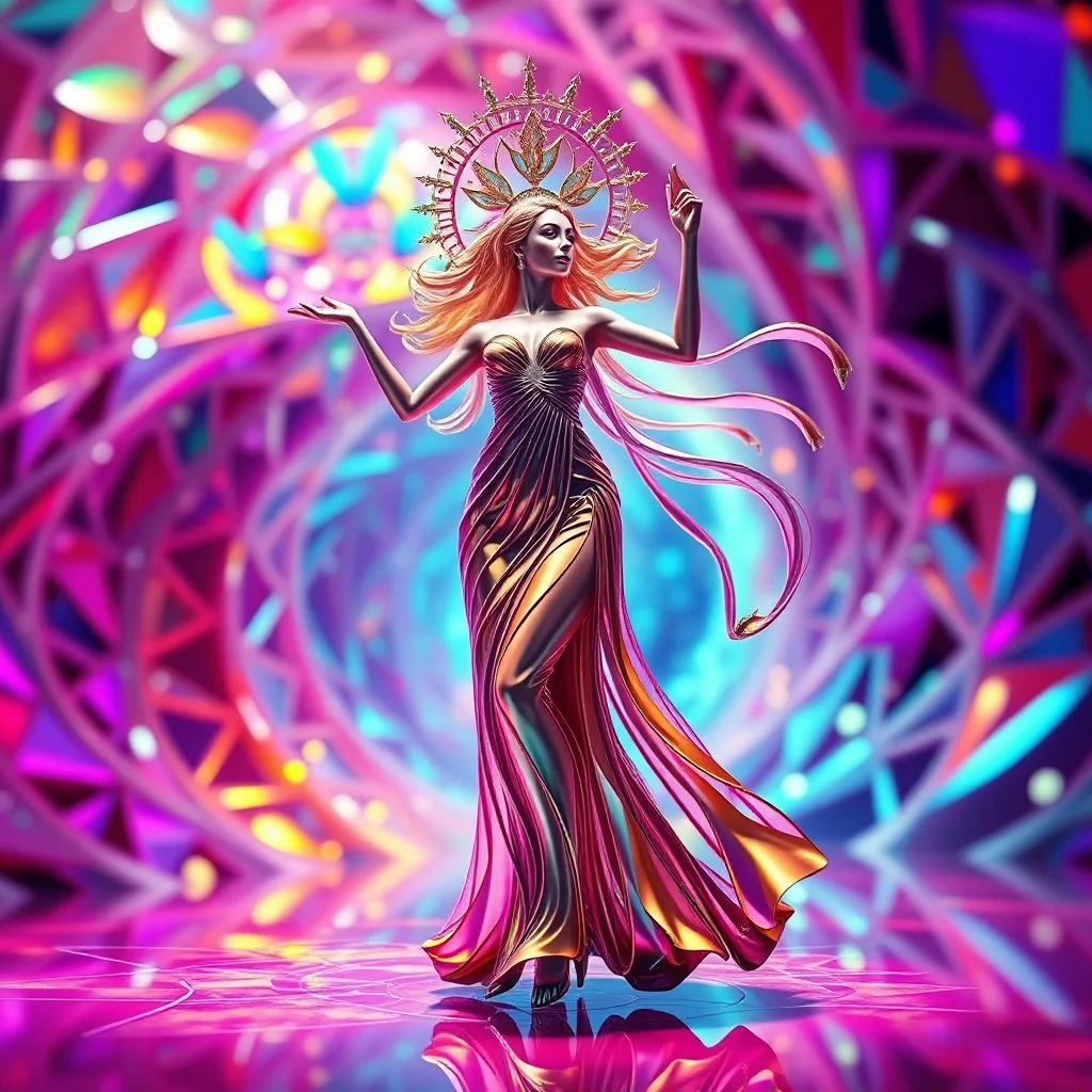 A goddess lady in modern dress dances in a vibrant, vibrating, color-rich 3D environment of metallic and crystal recursive geometric structures and an evolving ,Creative 3d fractal art, blurred bokeh effect,