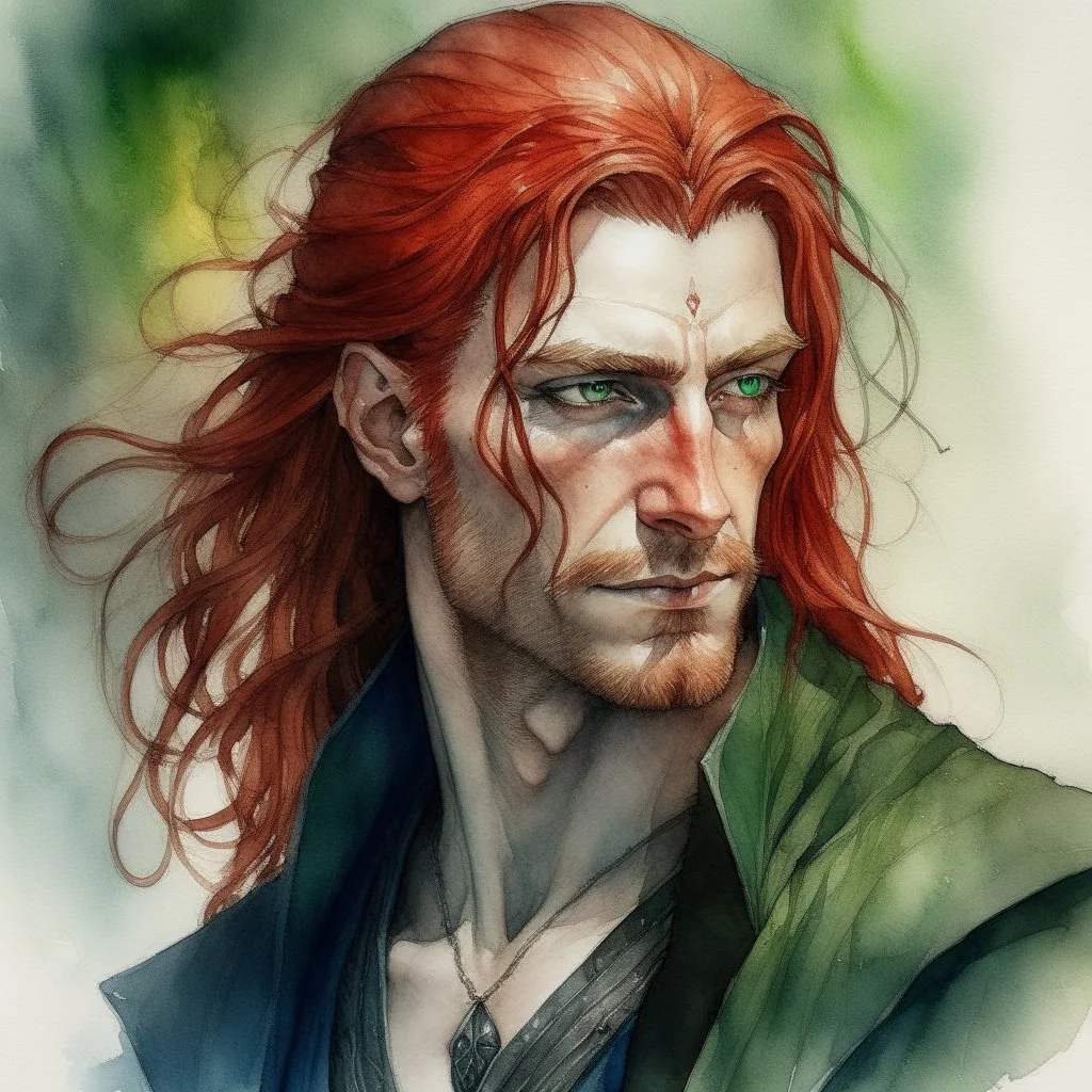 dnd, fantasy, watercolour, large strokes, stylistic, portrait, illustration, dull colours, male, face, narrow long face, weathered face, green eyes, determined, smiling, red hair, very long hair streaming down the shoulders, lush hair, radiating light, five o'clock shadow, elegant, short mouth