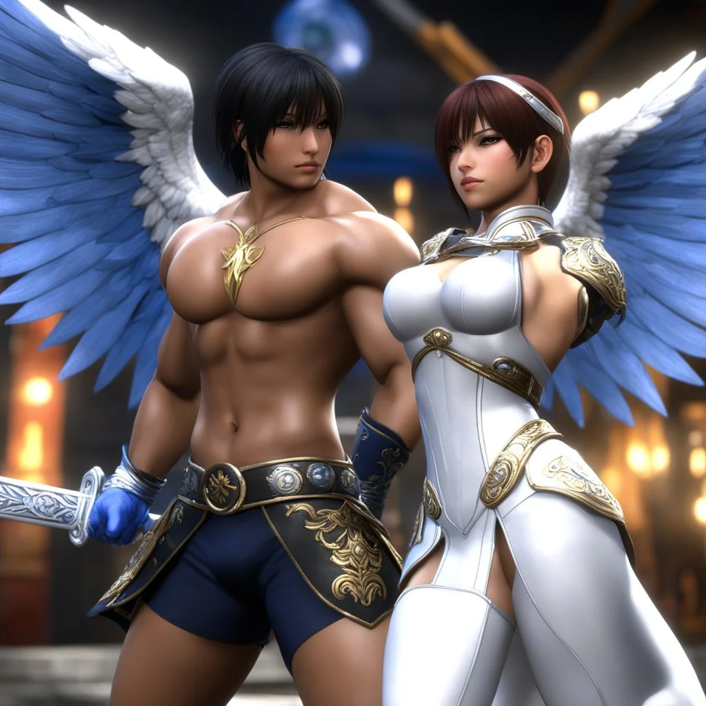 (in the style of Orion, by Masamune Shirow) DOA5LR 3D rendered with Poser 13, daz3d iray: Jacob wrestling with angel