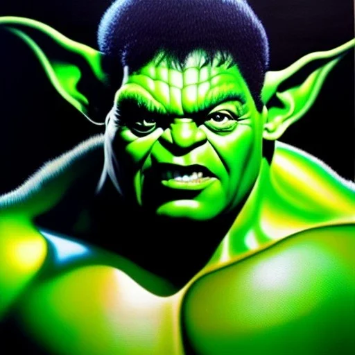 Ultra detailed fullbody Portrait in oil on canvas of a Hulk merges master yoda ,extremely detailed digital painting, extremely detailed face,crystal clear Big eyes, mystical colors ,perfectly centered image, perfect composition, rim light, beautiful lighting,masterpiece,8k, stunning scene, raytracing, anatomically correct, in the style of robert e howard and Ken Kelley and Ohrai Noriyoshi and Simon Bisley and tomzj1