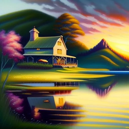 An exquisite oil painting capturing a dreamlike paradise, with a charming little farmhouse nestled by a calm lake. The farmhouse, with its rustic appeal, contrasts against the serene water, surrounded by a lush, verdant forest and rolling hills. The background unfolds into a dramatic landscape, featuring towering mountains and a stunning sunset sky that casts warm, vibrant hues across the scene. The artist's mastery is evident in the seamless blend of traditional oil painting techniques with the