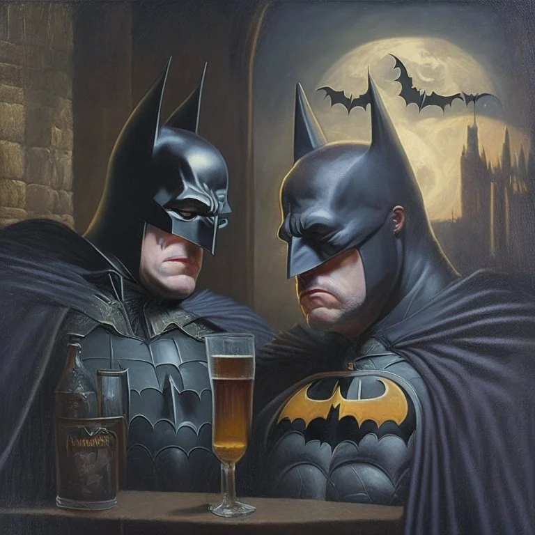 An oil painting of a dark universe masonic sad drunk batman and dracula