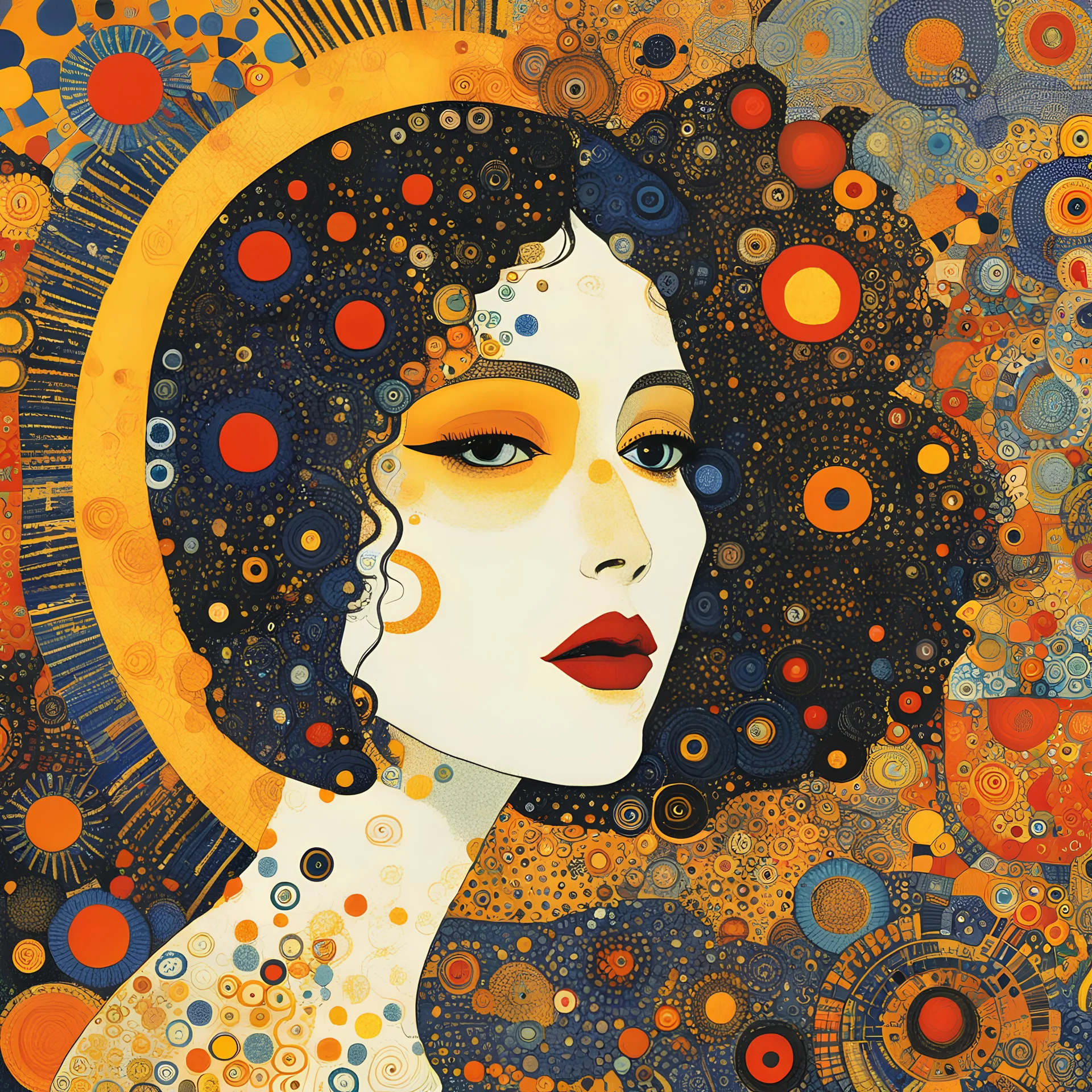 Sun profile + Halftone pattern + editorial illustration of the memento morti +by Gustav Klimt higly textured, genre defining mixed media collage painting + fringe absurdism + Free will is a colorful herring; Gustav Klimt; Hundertwasser; controversial; stupendous; transcendent Award winning halftone pattern illustration + simple flowing shapes + subtle shadows + paper texture + minimalist color scheme + inspired by Zdzisław Beksiński.
