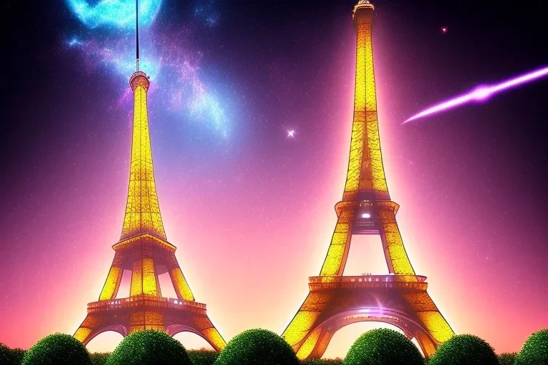 Eiffel tower but bigger and made from diamonds . nebula in sky . flying cars passing by.