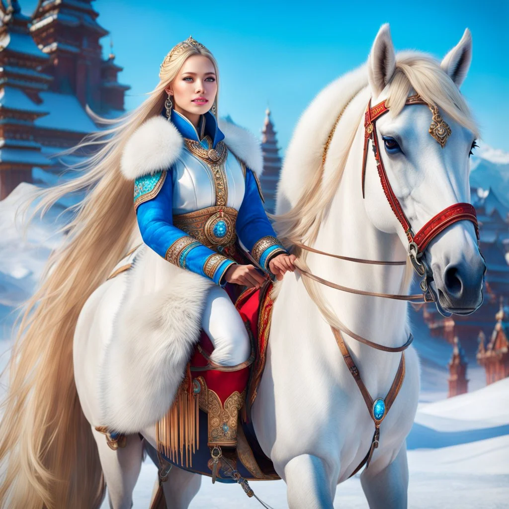 (masterpiece, best quality, 8k, RAW photo, beautiful and aesthetic:1.2), complex detail, Indirect light, photorealistic, (((full body))), 2 Gorgeous Cosmic russian asian goddess smiling, long curved blonde hair, blue eyes, Mixed, sci-fi and traditional russian outfit with white furs and chapka, on a horse companion, a colorfull Sci-Fi environment