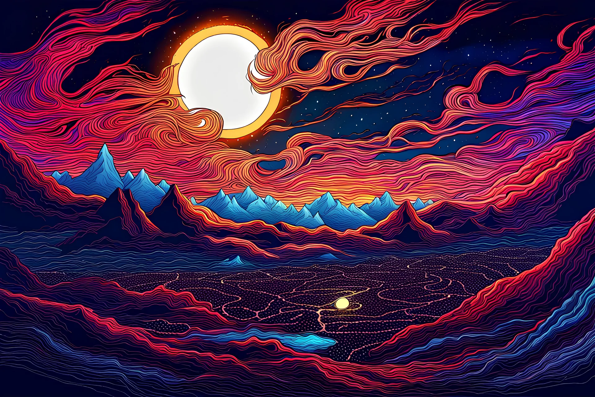 Landscape, night, solar eclipse, vivid colors, disappearance, special aura, detailed, chaotic drawing style