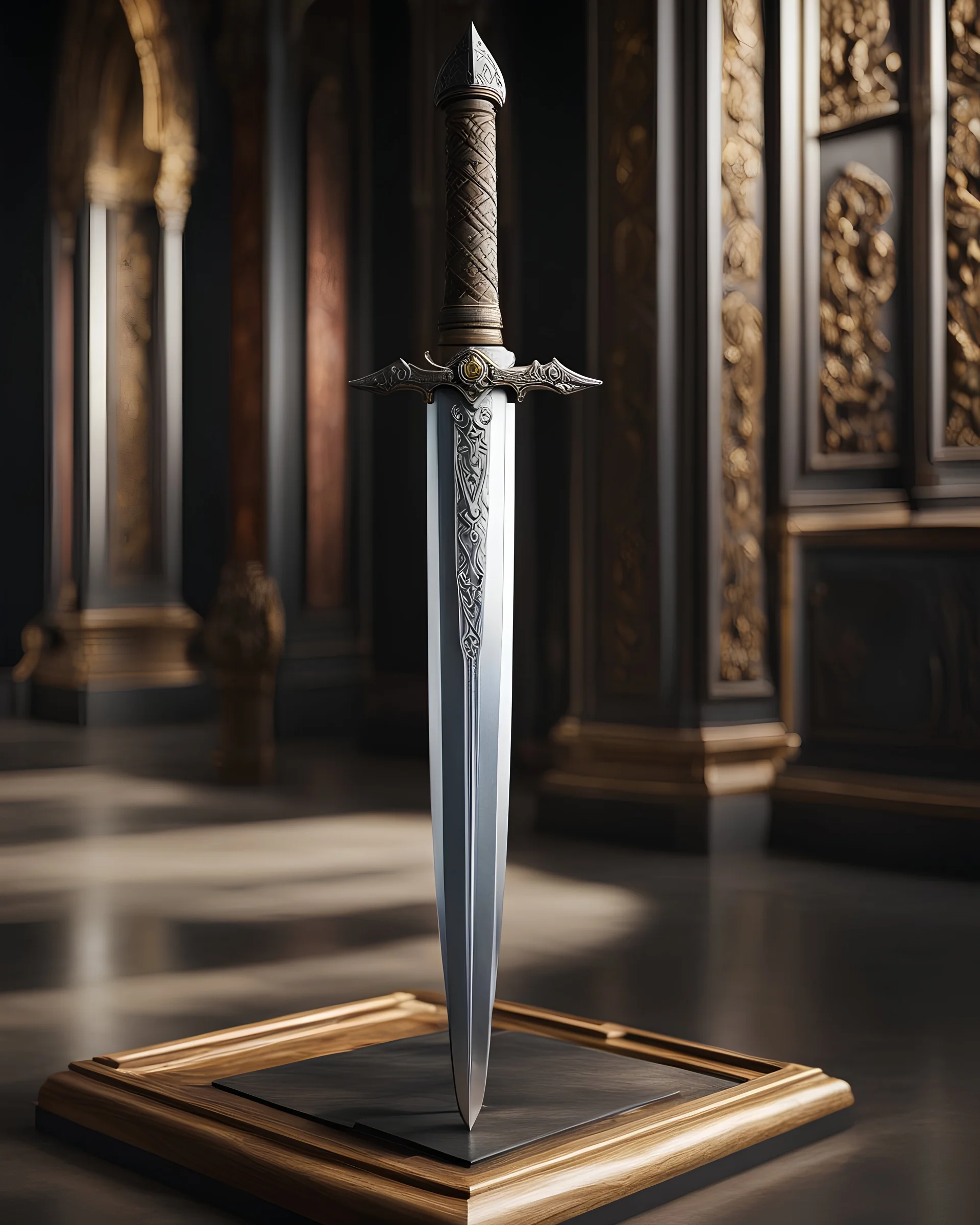 picture of an orcish sword on a display-stand in a museum. hyperrealism 4K ultra HD unreal engine 5 photorealism.