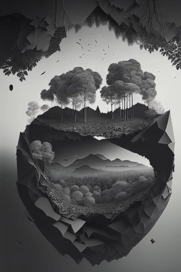 Beautiful landscape with trees, earth opens up and breaks down in black polygons.