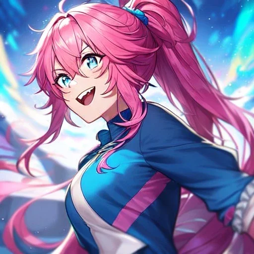 Clear focus, 8k, beautiful lighting, vibrant colors, girl, pink hair, long hair, vibrant blue eyes, ponytail, messy hair, hair in between the eyes, laughing, angry,