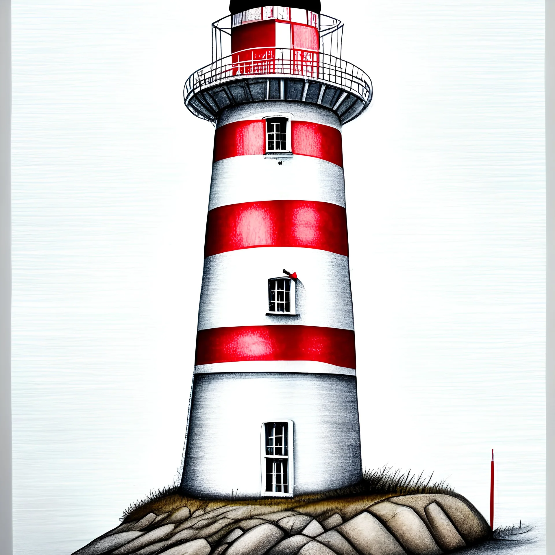 A metallic colored pencil drawing of the red and white striped lighthouse Sletringen Lighthouse in Norway