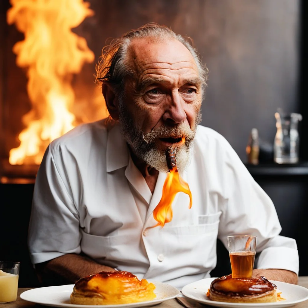 Charles Bukowski participate au meilleur pâtissier 2020, his cigarette in the mouth and a bottle of rhum for his dessert un épais flaming baba au rhum in fire