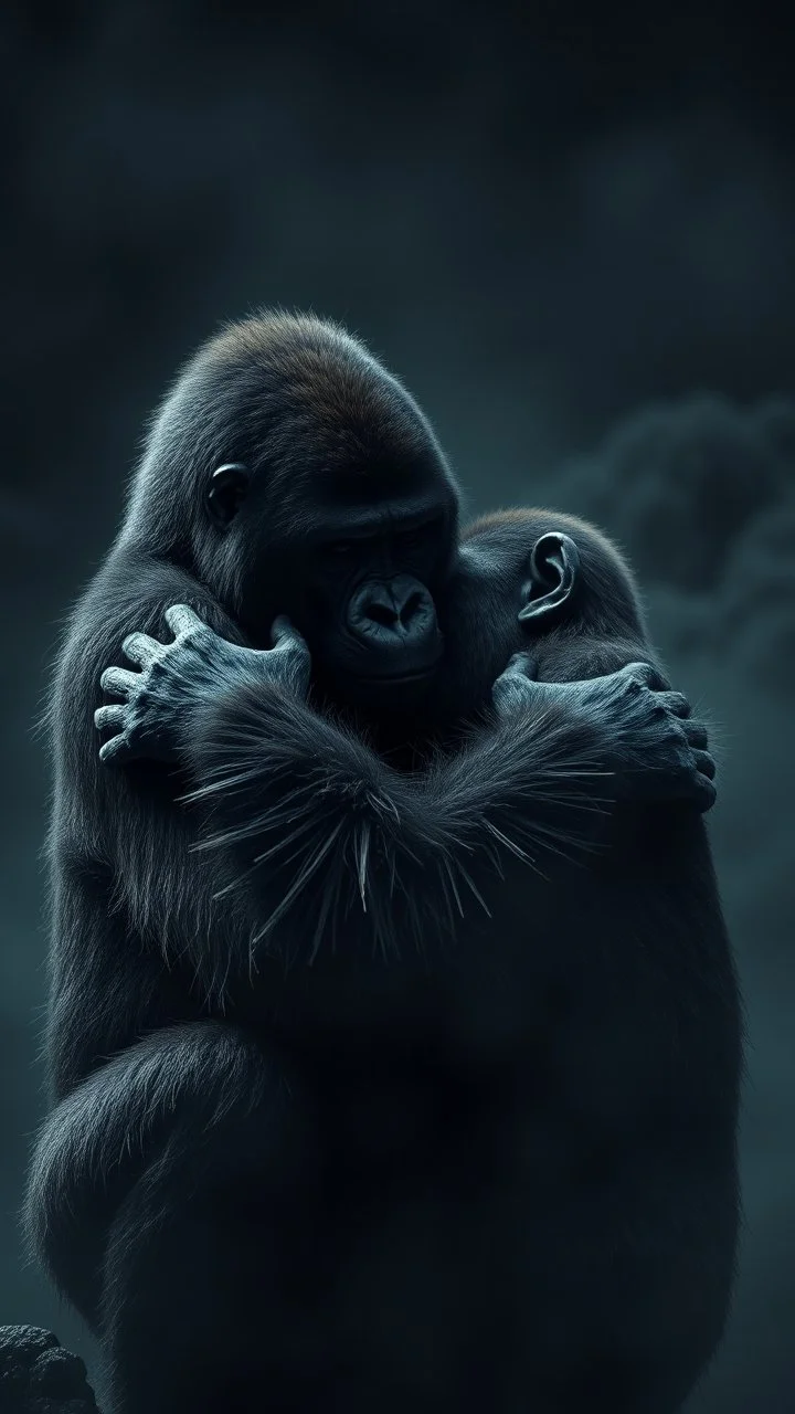 ,surrealism of the dark of a nightmare , hyper photorealistic, hyper detailed bright art color, high resolution, fog, octane render, tilt shift, HDRI Environment, all pictures dark gray, two gorillas in love hugging each others