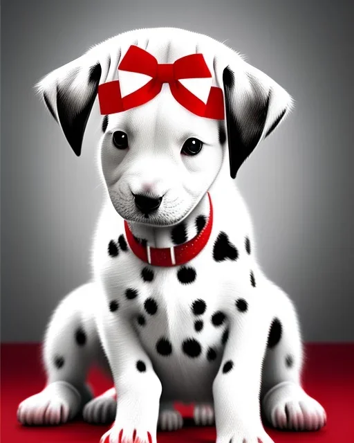 photorealistic dalmatian puppy, tilting head, sitting on kitchen floor, red collar, black paw prints on floor