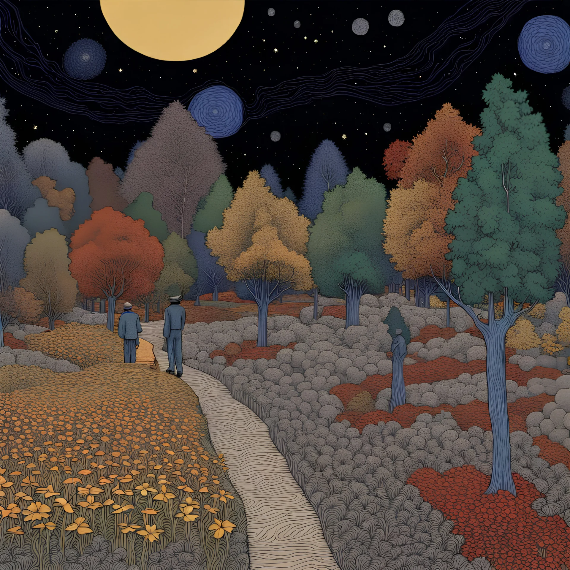 Colourful, peaceful, Egon Schiele, Max Ernst, Vincent Van Gogh, night sky filled with galaxies and stars, people, trees, flowers, one-line drawing, sharp focus, 8k, deep 3d field, intricate, ornate