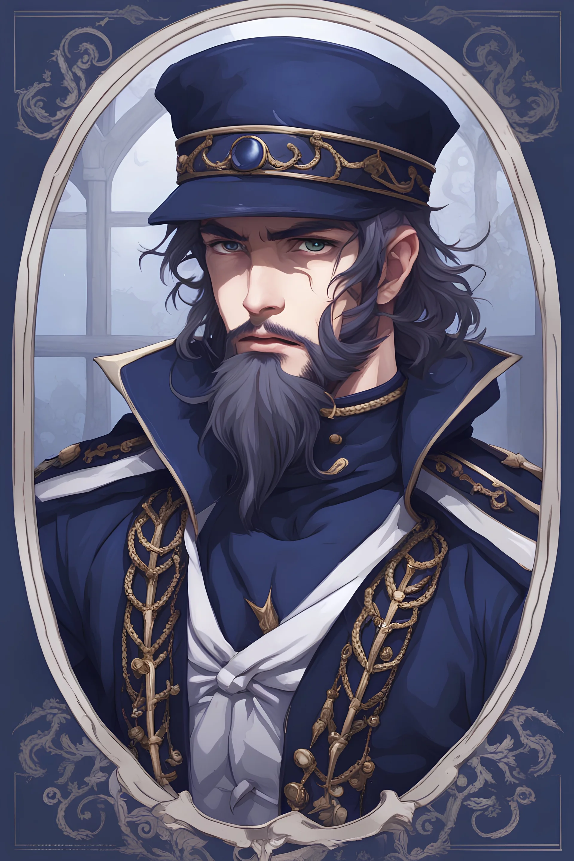 a fantasy sailor wearing dark blue clothing, male