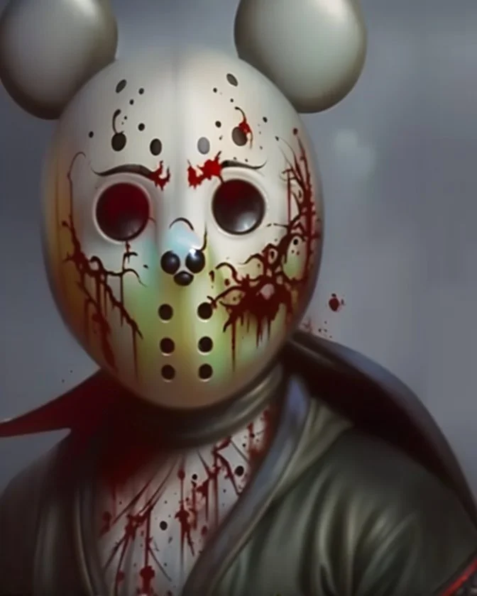 zombie mickey mouse hybrid, photorealism, movie screen capture, horror, sci-fi, retrofuturism, matching mickey mouse ears on mask