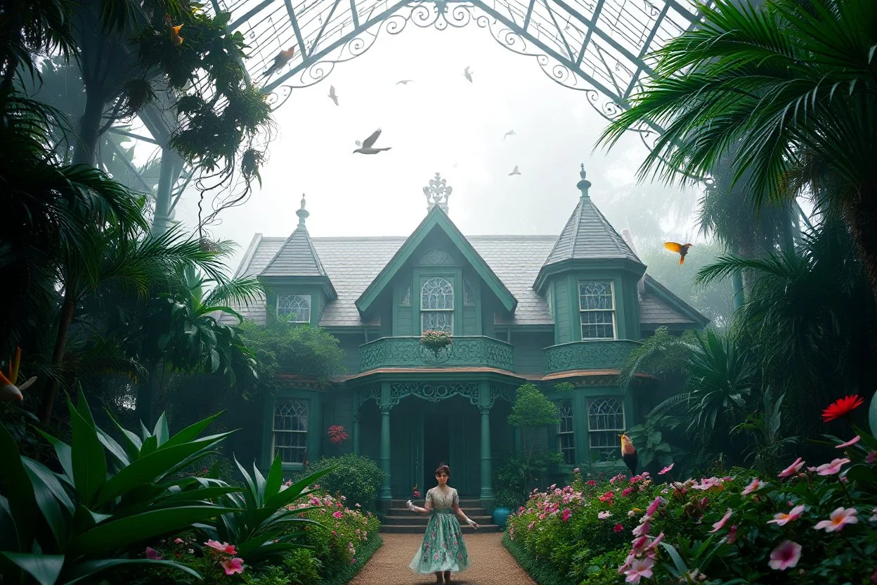 Victorian green open house overtaken by jungle, exotic birds nesting in iron rafters, morning mist, lost paradise atmosphere,a pretty model lady as queen walking in flowers to camera