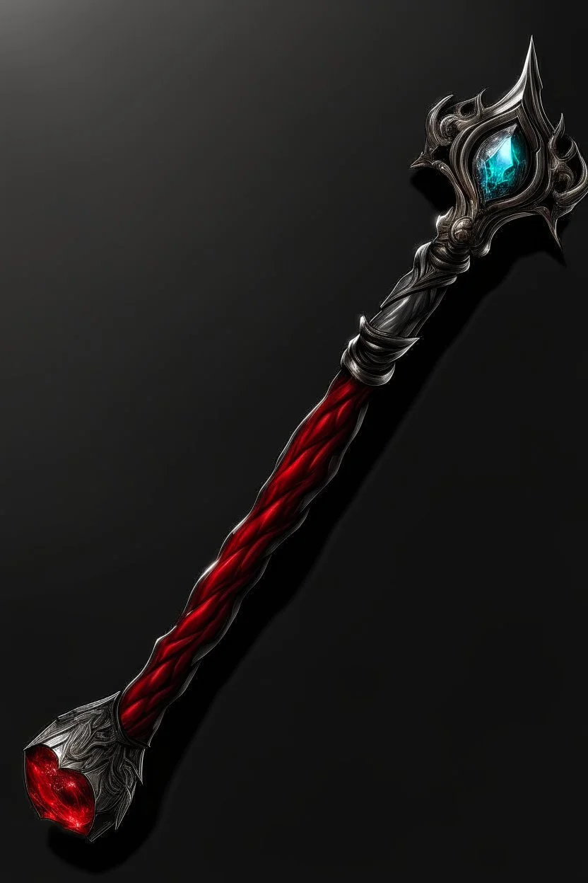 A sorceress evil staff that is a mix colors of red and black crystals and sharp