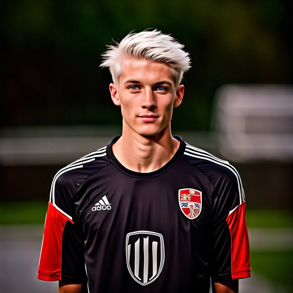 85mm DSLR color photography of a very detailed headshot fitting all of head and hair in frame. 18-year-old Austrian soccer player, and with no facial hair and has no facial hair, has very short length straight white hair with a small smile, grey background,