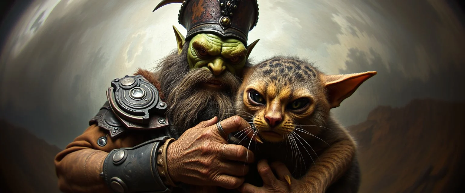 pin hole camera picture, master oil painting by Rembrandt, fantasy orc soldier holding and petting a big ugly cat gremlin
