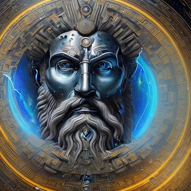 symetrical, centered, ultra detailed, digital art, in center is a portrait of highly detailed greek colossus god zeus surrounded by quantum galaxy codes seeking knowledge, detailed face with human colors, eyes filled with galaxy, dominating colors = gray light blue and dark gold, lightning, smoke,