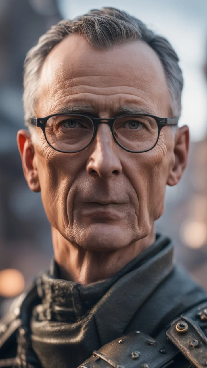 Jens Stoltenberg wearing thick glasses and armor in Stalingrad, bokeh like f/0.8, tilt-shift lens 8k, high detail, smooth render, down-light, unreal engine, prize winning