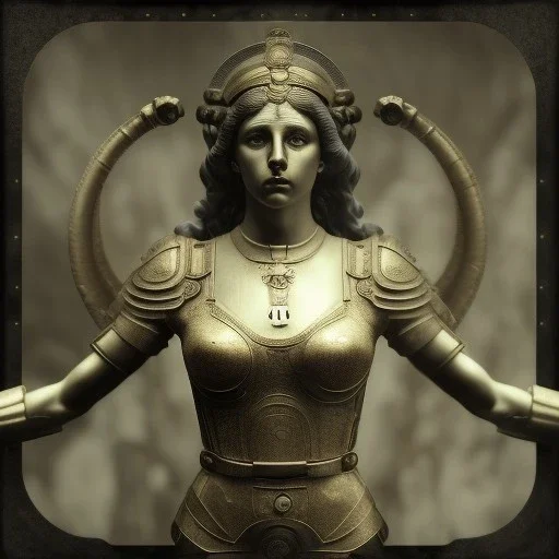 a greek marmor statue of athena, steam punk, scary, horror, realistic, made in octane, cinematic, movie, CGI, ultra-realistic, extremely detailed octane rendering, 8K, VRAY Super Real ar 2:3, dof photorealistic futuristic 50mm lens hard lighting dark gray tintype photograph, realistic lighting, sephia colors