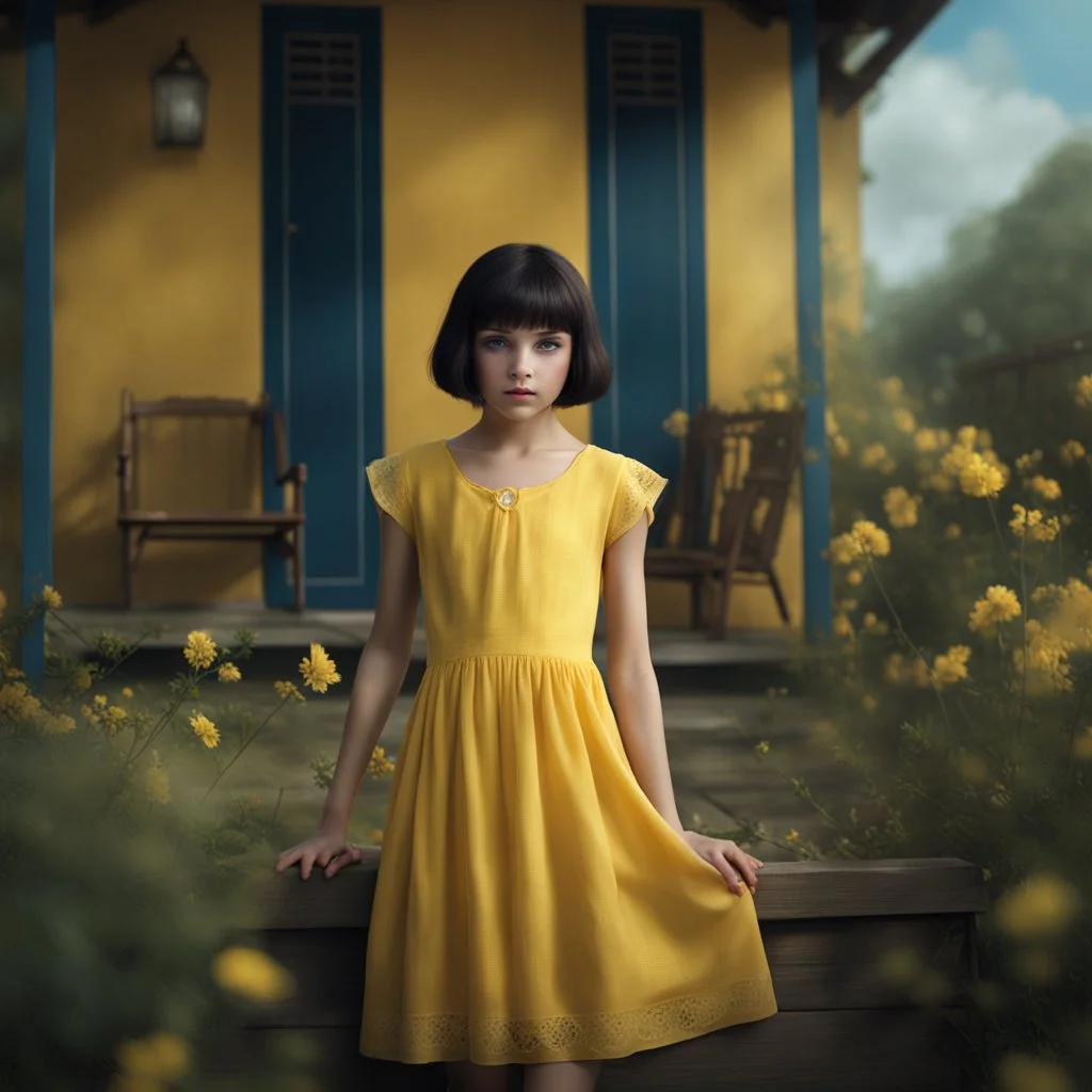 thin 12 year old girl with very short dark hair, blue eyes, wearing a pretty yellow summer dress, outside a small house , photorealistic, dark fantasy