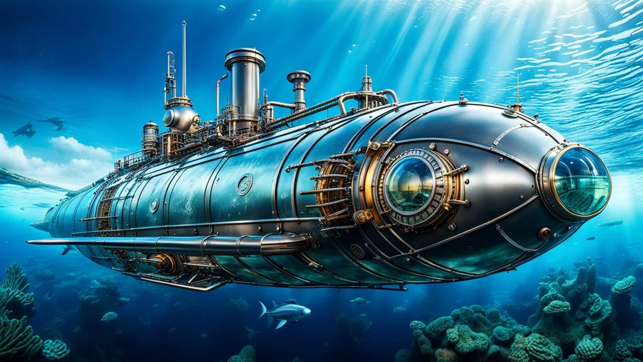 An unique cyber steampunk glass and metal submarine in the ocean, with large of water surrounding it. The submarine bottom positioned in the center of the frame, providing a unique perspective on this streamlined high-techstructure and interior equipment underwater, high detalied, sharp focus, best shot, sci-fi mood