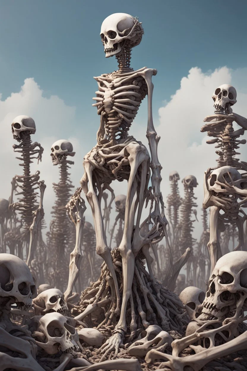 a bone yard with a tall android woman standing at the top of a pile of bones