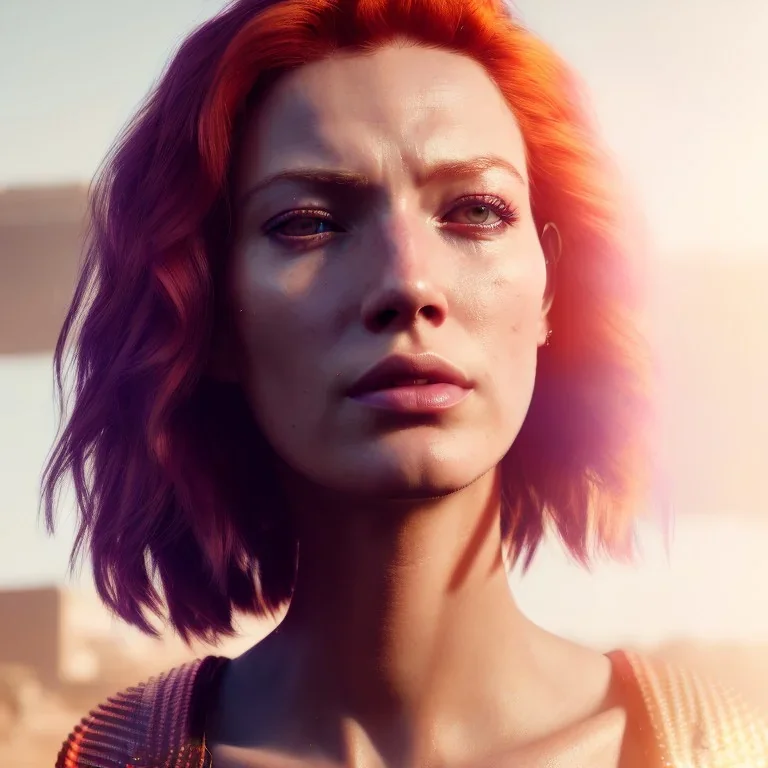 A beautiful portrait of a cyberpunk woman with lot's of grain on her skin red head with hair flying in the wind cyborg smiling facing camera orange color scheme, high key lighting, volumetric light high details with white stripes and feathers unreal 5, octane render, cinema4d, dynamic lighting, dramatic lighting, 4k, redshift render, highly detailed, hyper realistic like Tron the movie