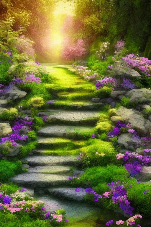 garden sky field trees river pools gold white purple stairs