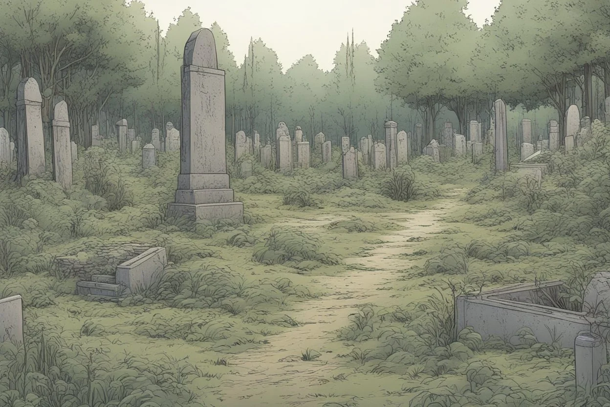 clearing, grave yard, forest,overgrown, post-apocalyptic, comic book,